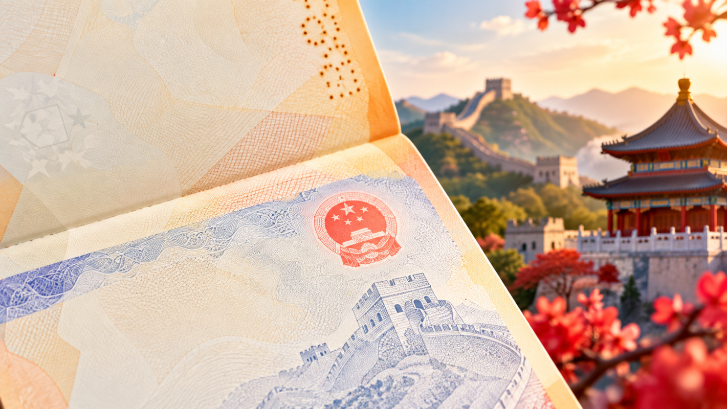 China visa application in Ghana with Chinese visa document and Great Wall background